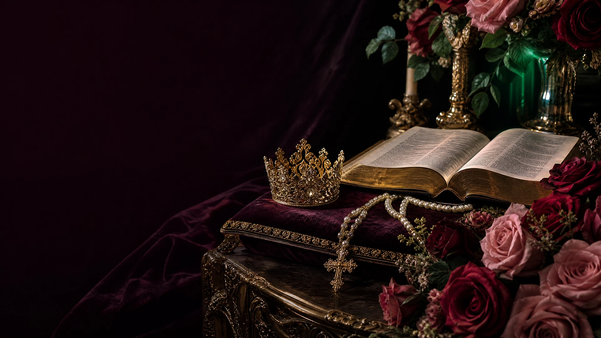 AMAD Rally replay cover: open Bible, crown, pearl and roses